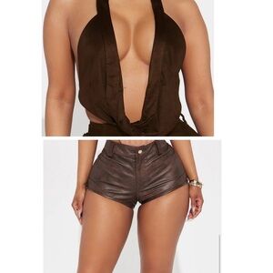 Brown Set Faux Leather Short + Faux Suede Cowl Neck Top Sz Medium 🤎